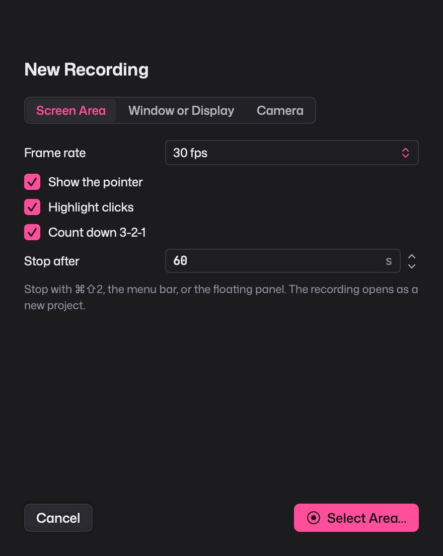 The New Recording sheet in Giffiti with Screen Area, Window or Display and Camera options