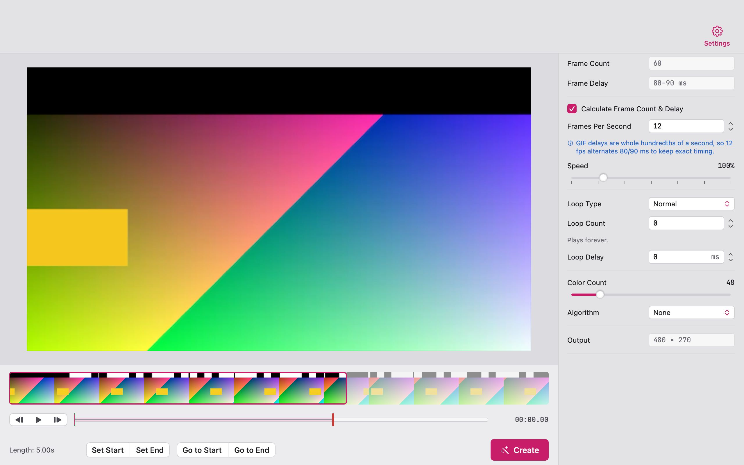 Giffiti in simple mode: a video preview, a filmstrip with the selected range and a Create button